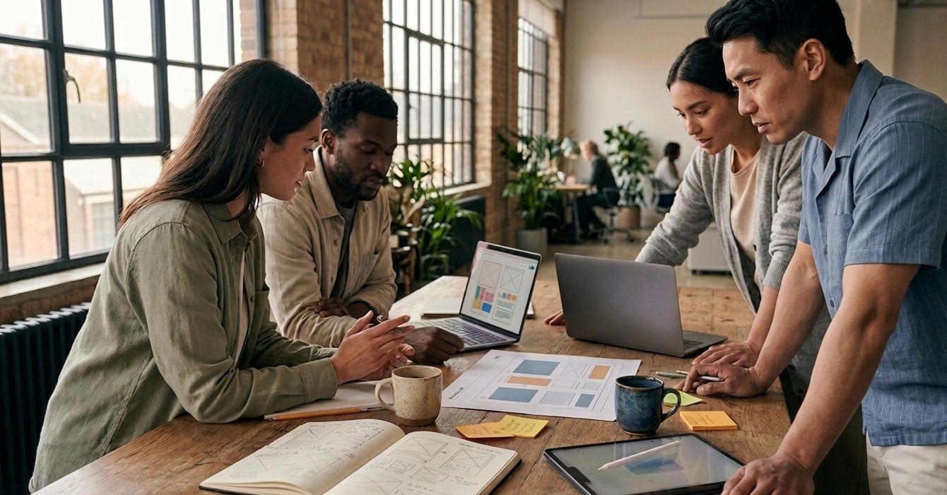Four creative professionals collaborating around a wooden table, working on website wireframes with laptops and a tablet in a sunlit workspace